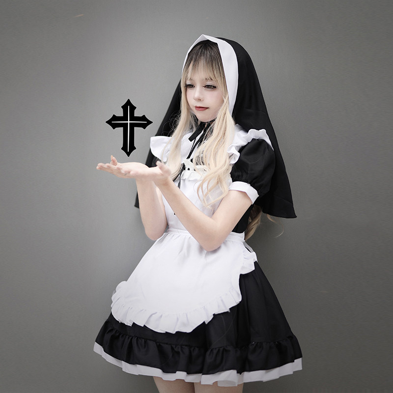 暗黑系围裙女仆cosplay万圣节修女角色扮演cos服纯欲女佣连衣裙_虎窝淘