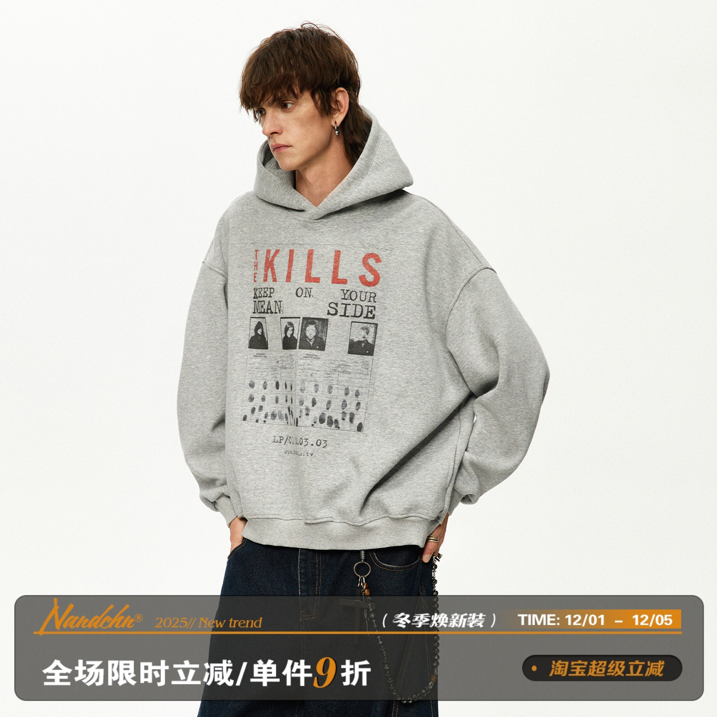 男道500G重磅美式复古字母印花连帽卫衣男女秋季新款做旧宽松上衣