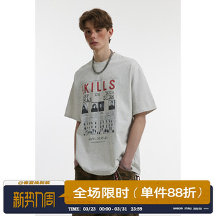 男道美式 T恤男女2025春秋宽松情侣上衣 复古300G字母印花做旧短袖