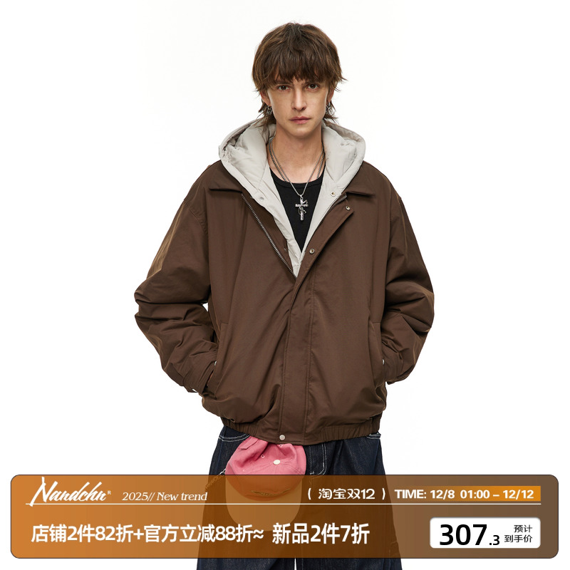 男道美式假两件白鸭绒连帽羽绒服男生冬季2025新款加厚保暖外套潮