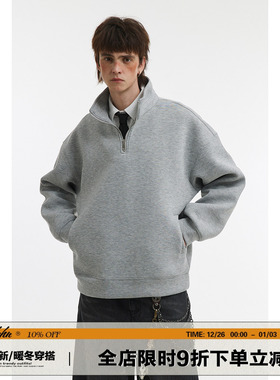 男道美式复古半拉链立领卫衣男女春季潮宽松廓形高街纯色情侣上衣