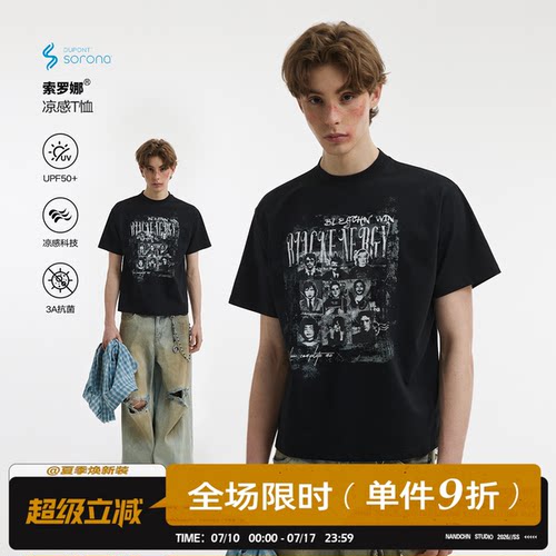 男道250G重磅美式复古人物水洗印花短袖T恤男女夏季百搭宽松上衣