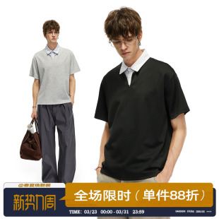 个性 男道美式 宽松休闲时尚 学院风V领短袖 潮牌少年感T恤 假两件衬衫
