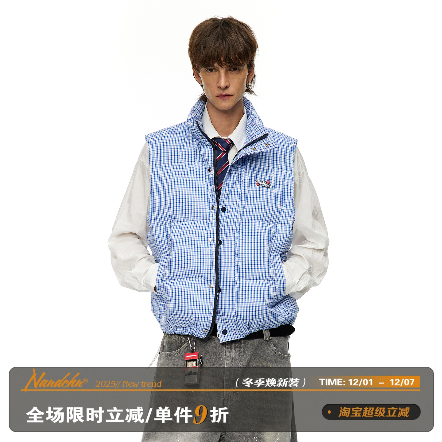 男道美式复古格子纯棉马甲男2025新款秋冬季棉服夹棉情侣厚外套潮