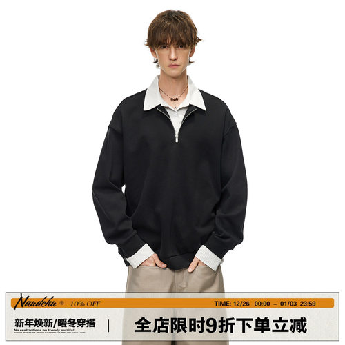 男道美式假两件POLO衫翻领卫衣男女春秋季半拉链学院风无帽上衣潮