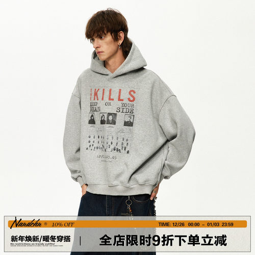 男道500G重磅美式复古字母印花连帽卫衣男女秋季新款做旧宽松上衣