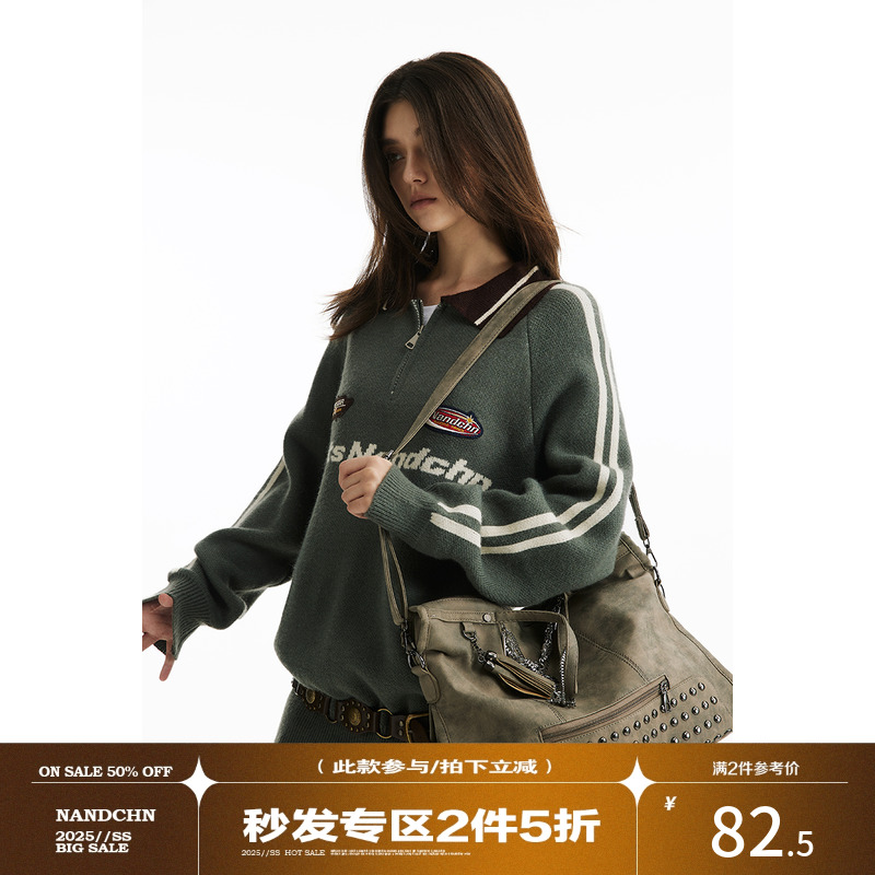 男道美式字母刺绣复古条纹运动学院风针织衫男女翻领情侣毛衣外套