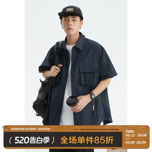 翻领短袖工装口袋衬衫百搭