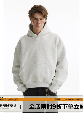 男道重磅500g美式cleanfit短款连帽加绒卫衣男女秋冬纯色套头外套