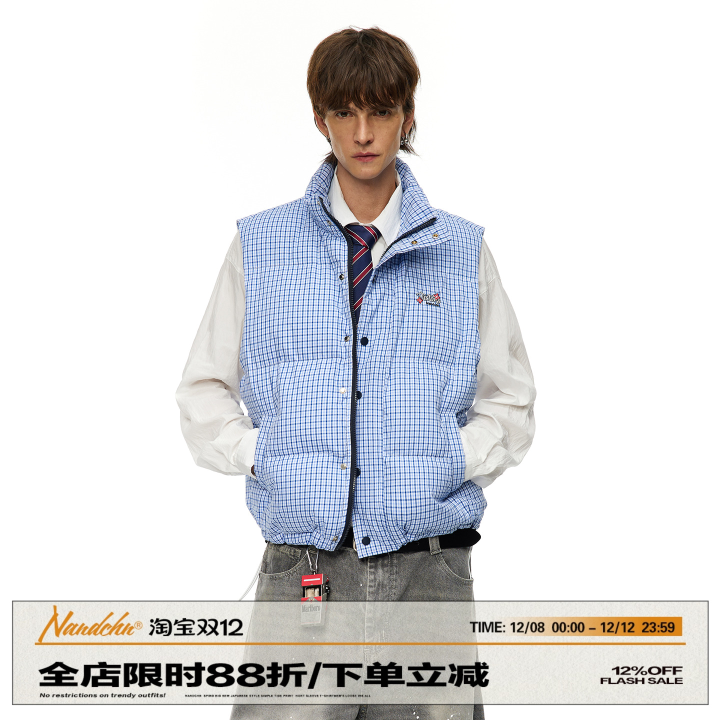 男道美式复古格子纯棉马甲男2025新款秋冬季棉服夹棉情侣厚外套潮