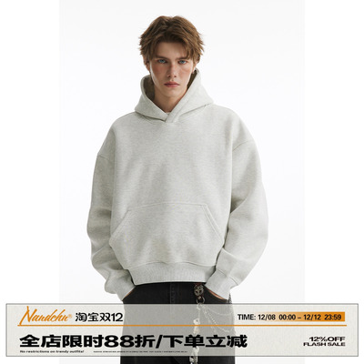 男道重磅500g美式cleanfit短款连帽加绒卫衣男女秋冬纯色套头外套