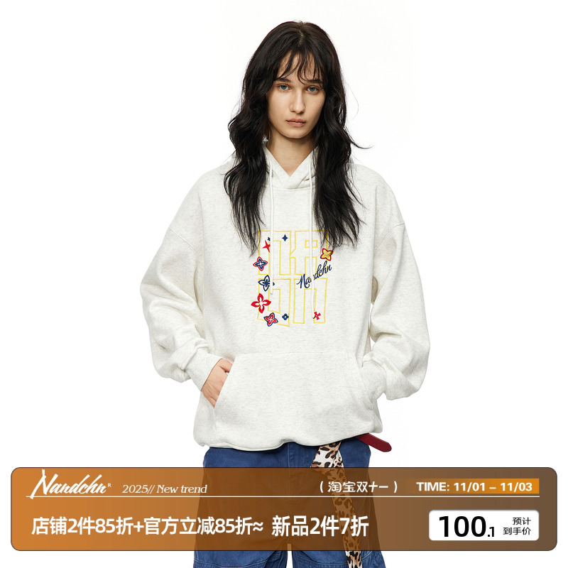 男道美式460g重磅字母印花加绒连帽卫衣男秋冬季宽松休闲情侣上衣