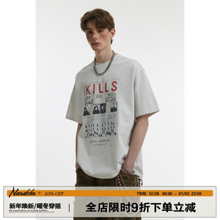 男道美式 T恤男女2025春秋宽松情侣上衣 复古300G字母印花做旧短袖