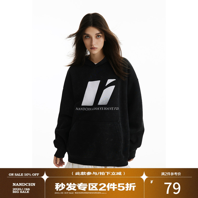 男道国潮牌字母重磅连帽卫衣男春秋美式复古情侣休闲宽松印花上衣