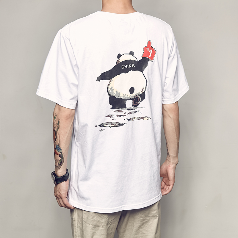 男道夏季新款熊貓印花短袖T恤男潮流夏天衣服青年情侶個性圓領TEE