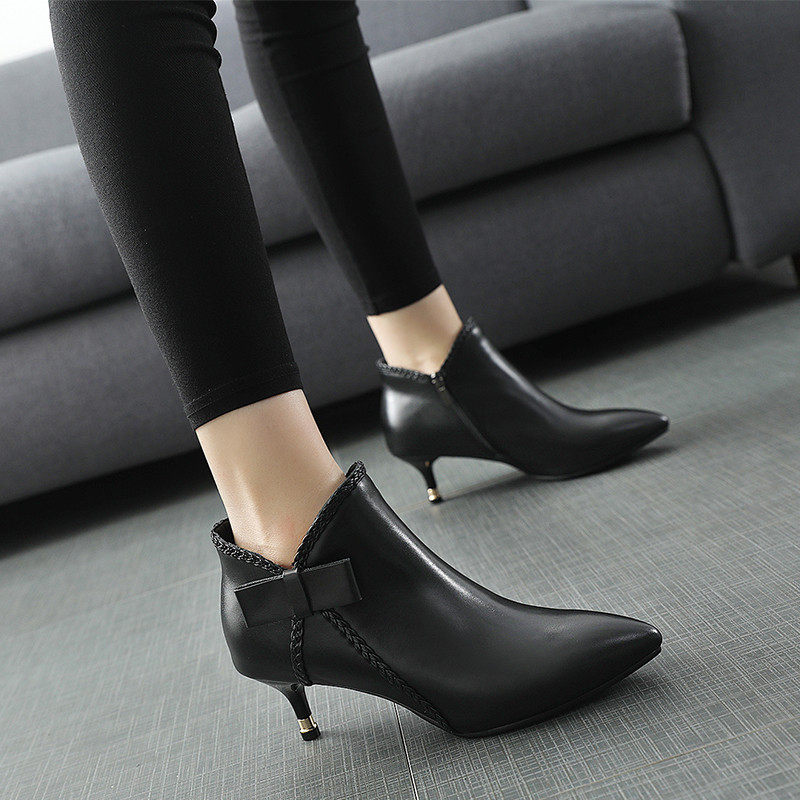 欧洲站2020春季新款女鞋真皮细跟尖头蝴蝶结小跟短靴高跟女单靴子在类目 女鞋, 靴子中 - 来自Buy2taobao.com提供专业的淘宝代购服务