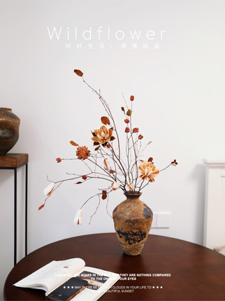 高级植物干花天然树枝中古侘寂新中式禅意客厅玄关陶瓷花瓶插花艺