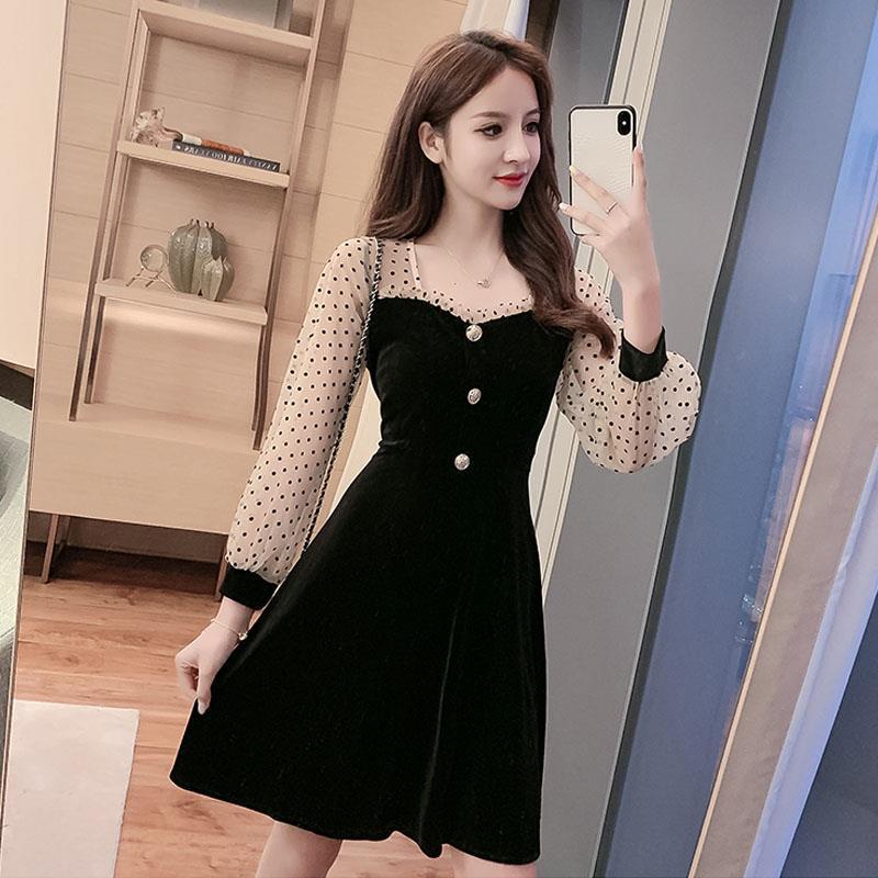 Spring and autumn new fat sister waist wave point mesh stitching skirt velvet black dress