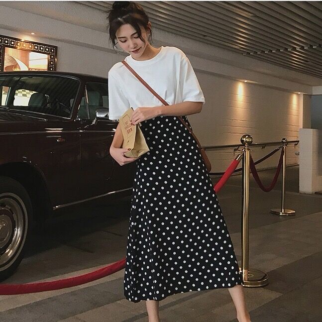 Cotton T-shirt top two piece suit skirt black skirt high waist polka dot skirt Korean version