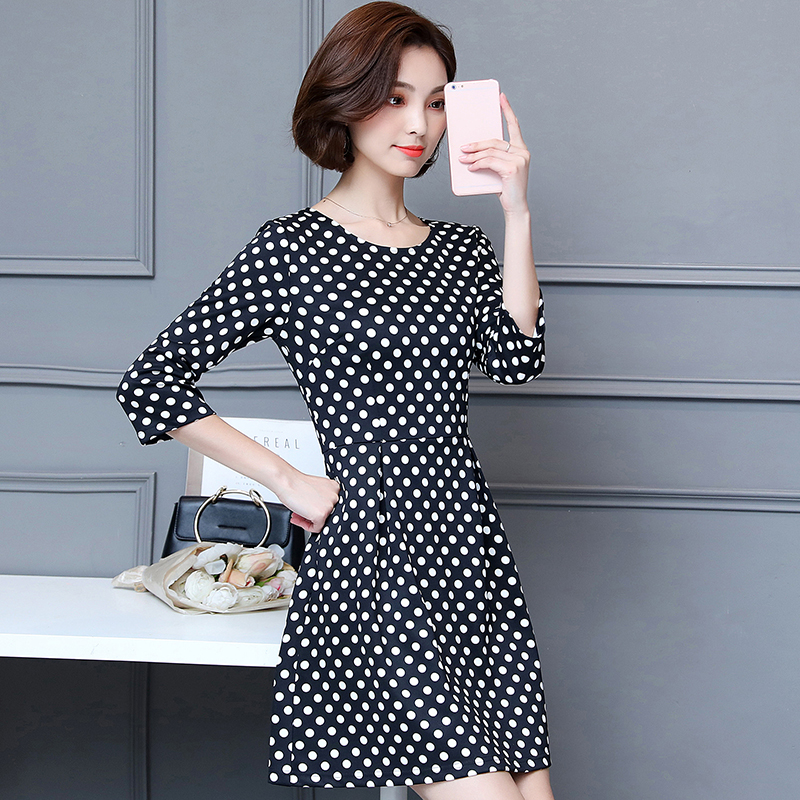 Spring and autumn medium length large women's 7 / 4 sleeve polka dot print dress slim figure skirt