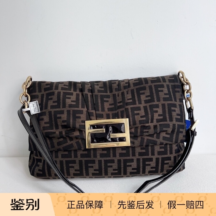 全原装97新 过鉴定 二手中古芬迪Fendi金扣老花单肩斜挎包33*21