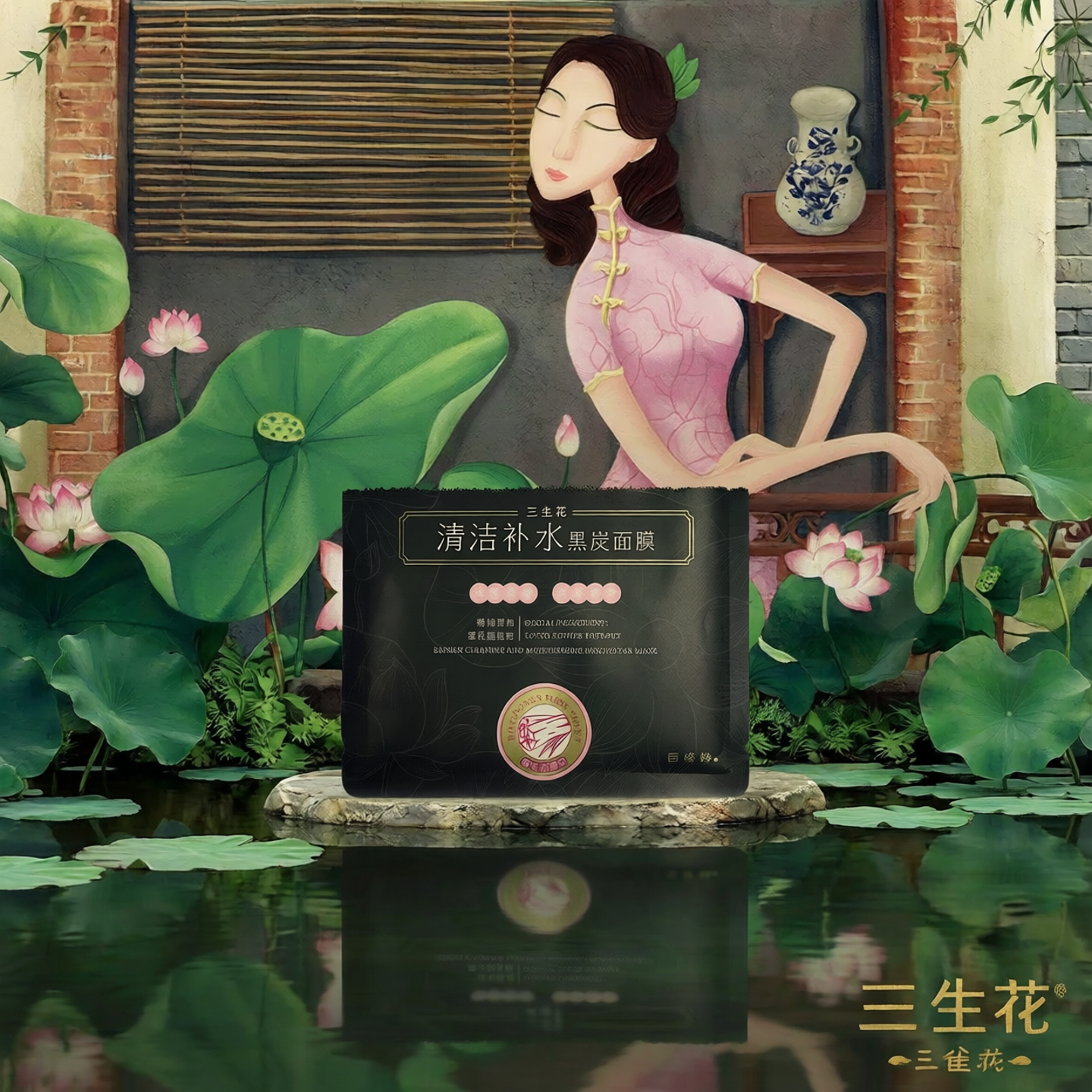 百雀羚三生花黑膜补水保湿提亮控油收敛黑炭面膜保湿收缩毛孔清洁