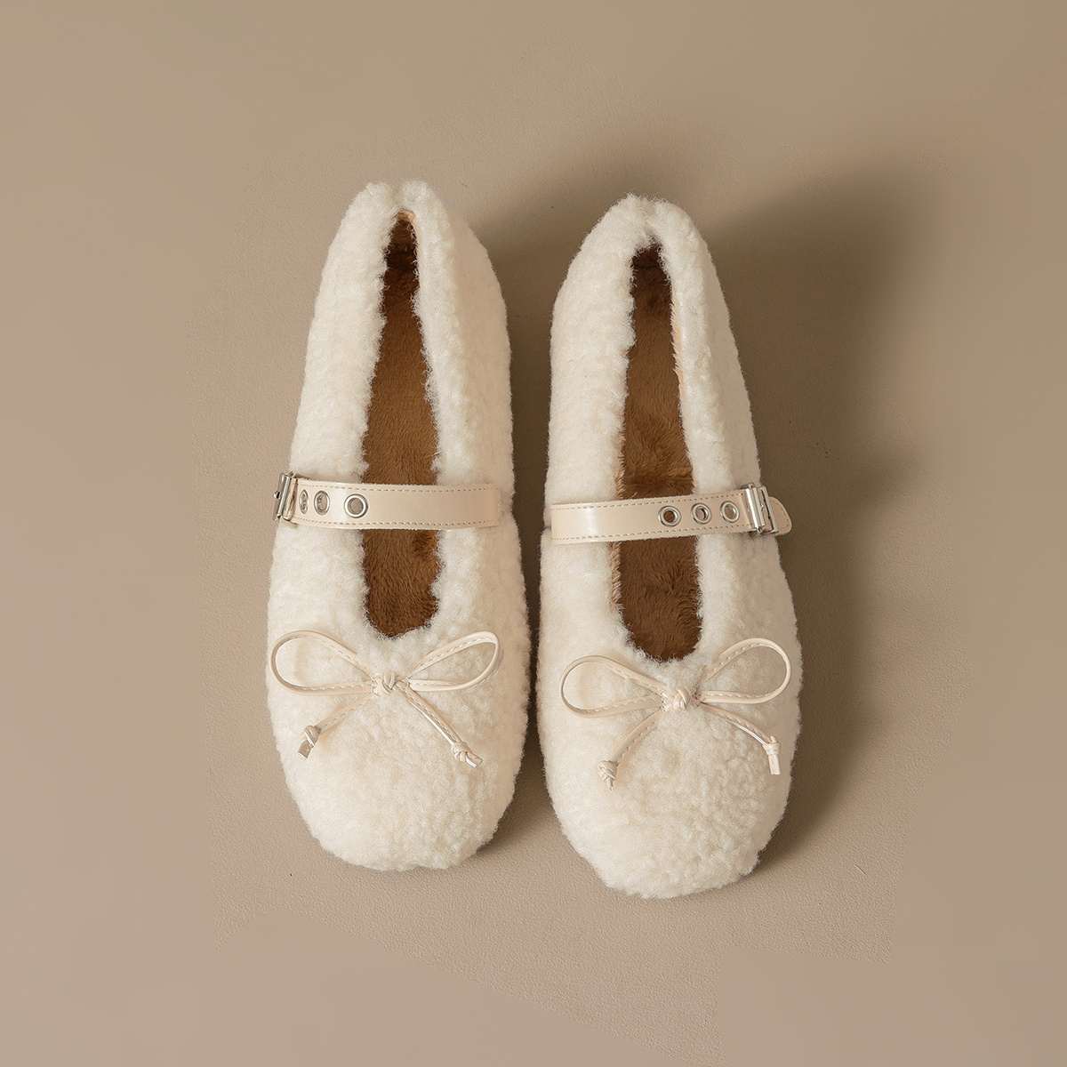 蝴蝶结内增高毛毛鞋平底棉鞋一字带玛丽珍芭蕾鞋女浅口单鞋羊羔毛