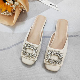 方头仙女风方扣水钻平底凉拖鞋 穆勒鞋 女夏外穿2025新款 包头半拖鞋