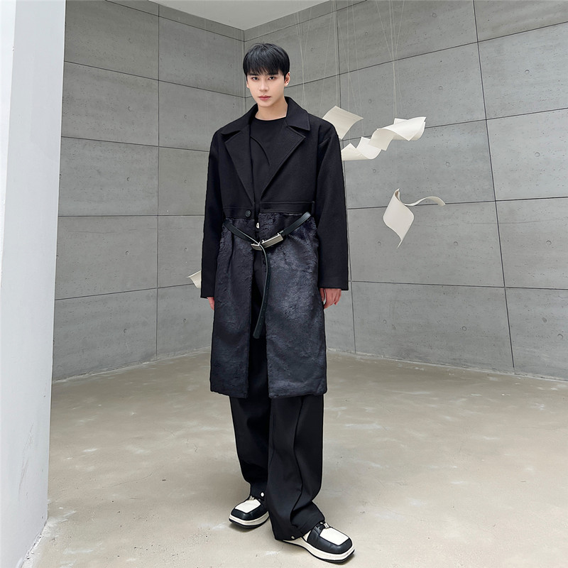 韩版暗黑系毛呢大衣个性拼接中长款走秀高街外套A452--H90--P175