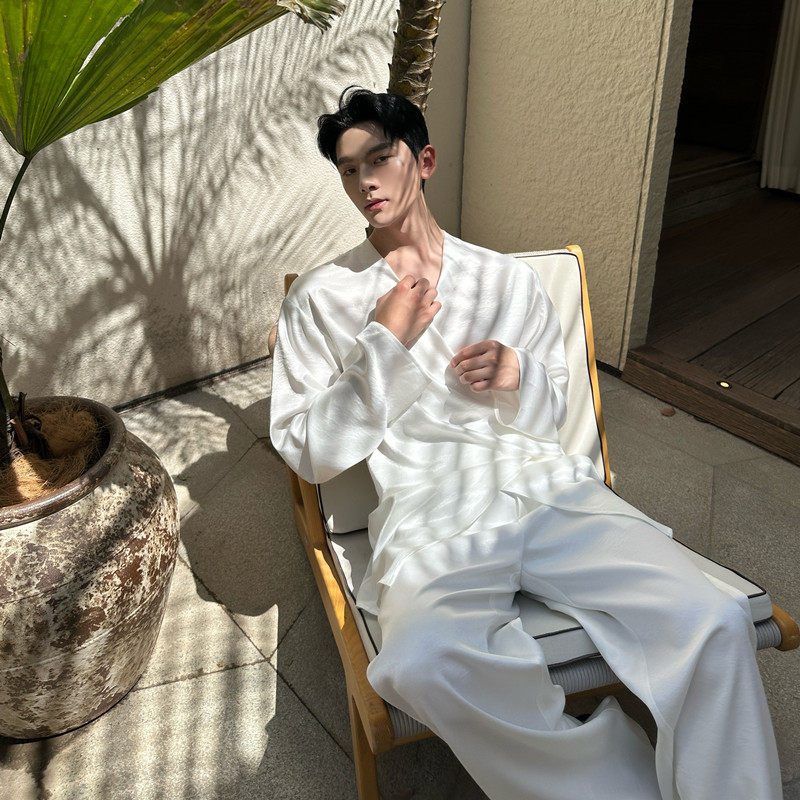 新款复古缎面飘带长袖衬衫两件套华丽慵懒感套装A452--H194--P220，男装衬衫，电商A452