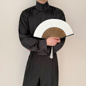 新中式复古宽松高领盘扣衬衫高级暗纹风长袖A452--H139--P85图片