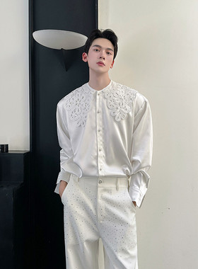 重工蕾丝镂空云肩装饰长袖衬衫高级复古廓形上衣A452--H214--P115