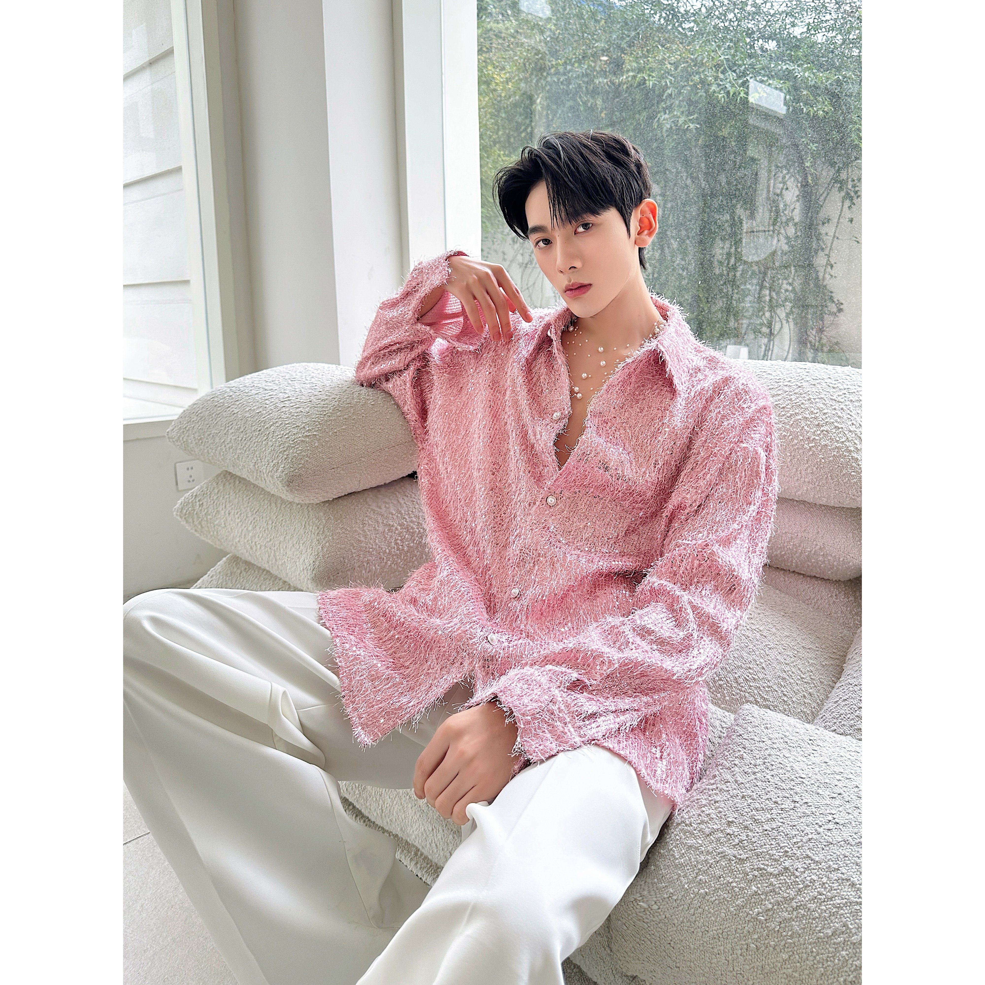 春装新款个性粉色流苏长袖衬衫复古休闲廓形上衣A452--H217--P115，男装衬衫，电商A452