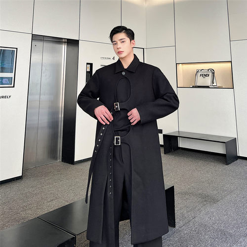 暗黑设计感绑带中长款毛呢大衣复古风个性廓形风衣A452-H89--P165