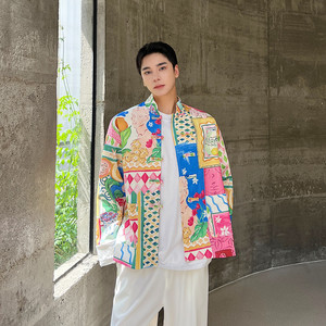 早春新中式立领盘扣西服外套潮花色休闲夹克上衣A452-6413-P135图片