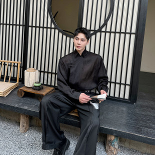 新中式 H167 暗纹盘扣长袖 潮流百搭微透上衣A452 P105 衬衫 夏季