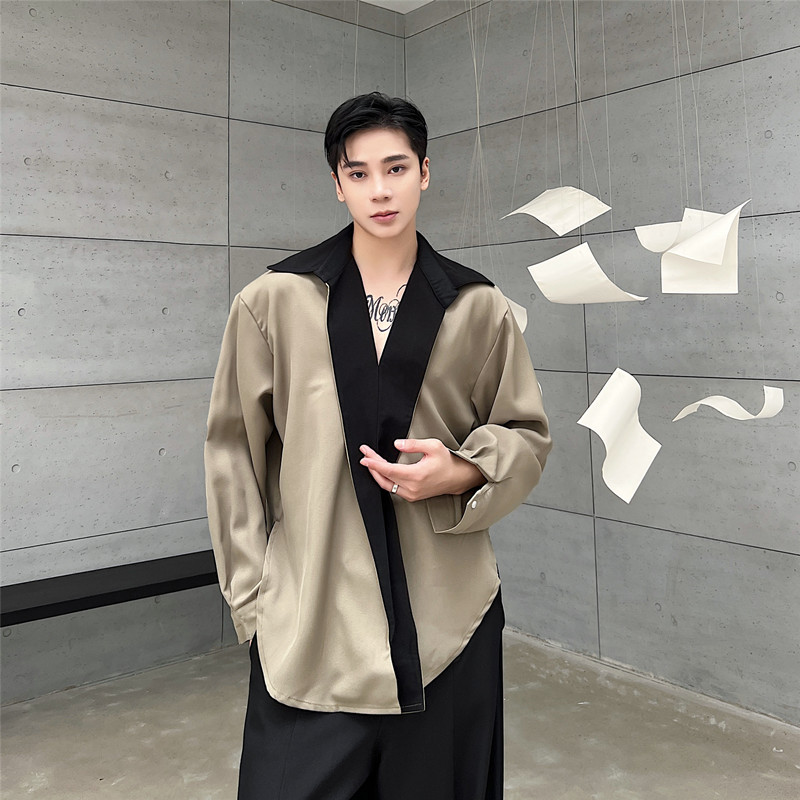 春装新款韩版翻领长袖衬衫个性时尚拼色廓形上衣A452--6314--P95,男装衬衫,电商A452