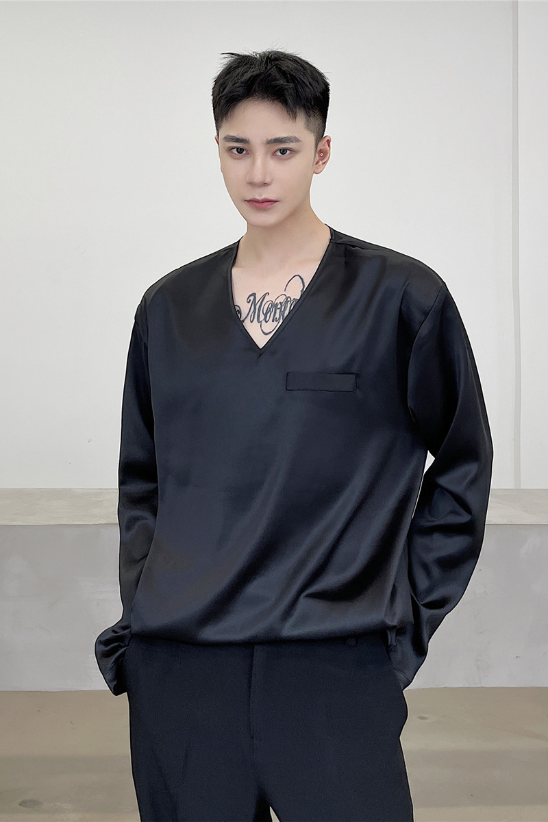 秋新款丝光缎面V领垫肩长袖男经典百搭简约上衣潮A452--6159--P70,男装卫衣,电商A452