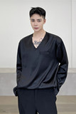 秋新款丝光缎面V领垫肩长袖男经典百搭简约上衣潮A452--6159--P70，男装卫衣，电商A452