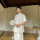 夏装新款个性拼接立领短袖衬衫复古潮风半袖上衣A452-6494-P105，男装衬衫，电商A452