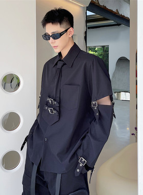 新款机车风金属绑带长袖衬衫男个性暗黑领带上衣A452--6138--P75