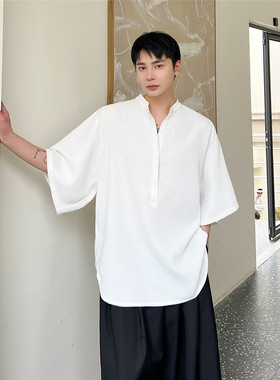 华夫格立领宽松衬衣复古风休闲百搭大袖半袖上衣A452--6359--P65