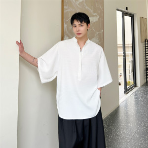 华夫格立领宽松衬衣复古风休闲百搭大袖半袖上衣A452--6359--P65