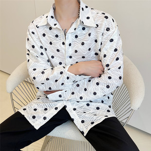时尚 H75 波点提花长袖 男复古气质型上衣潮A452 P75 衬衫 春秋薄款