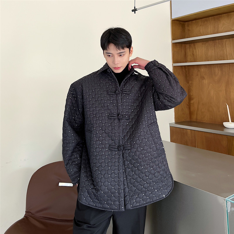 新款韩版菱形格子亮片棉衣复古中式盘扣棉服外套A452--6321--P135,男装棉衣,电商A452