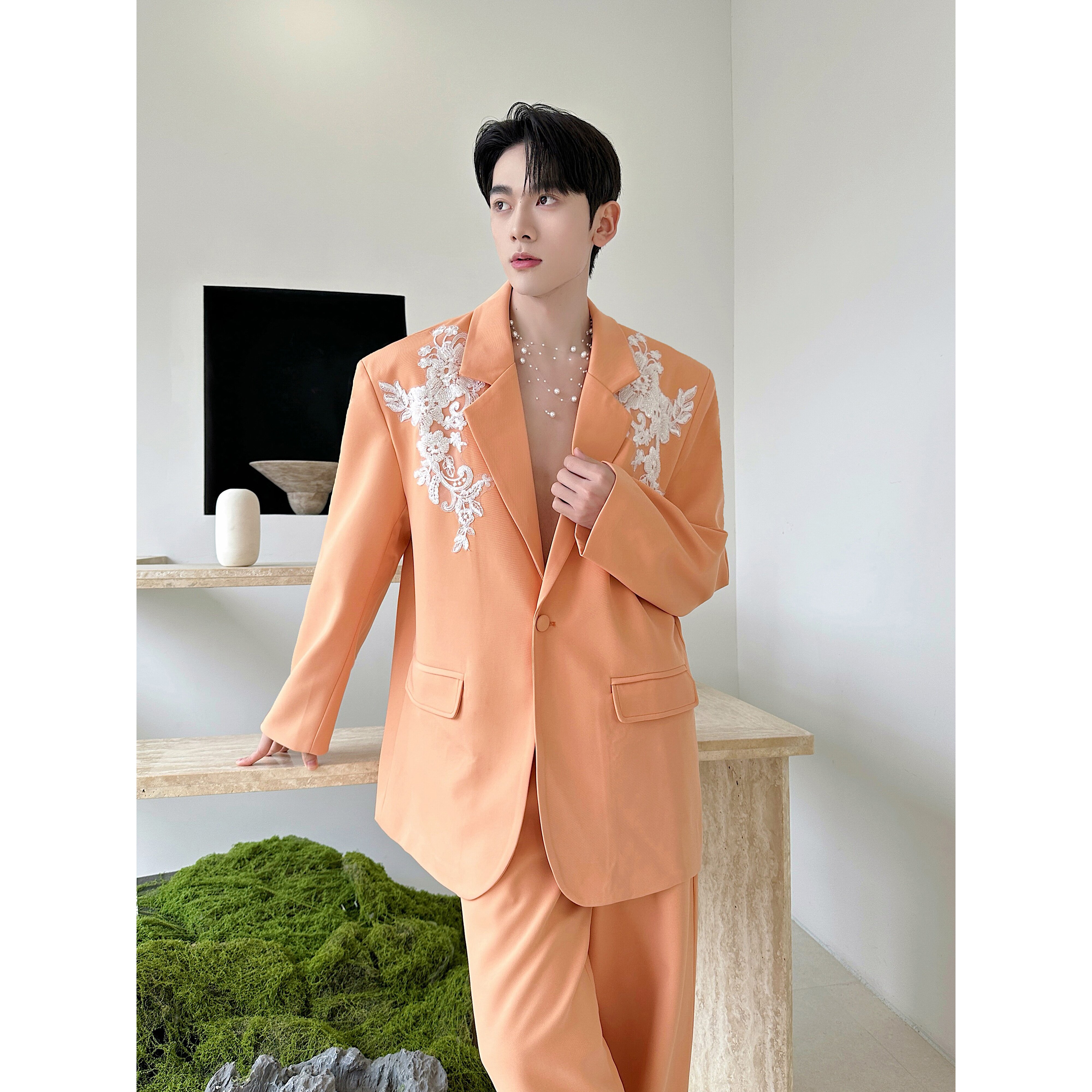 春立体蕾丝珠花装饰西服套装高级感潮流西装两件套A452-6554-P275,男装西服套装,电商A452