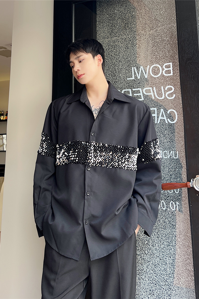 新款洋气亮片装饰长袖衬衫时尚夜店风造型师上衣A452--6289--P85,男装衬衫,电商A452