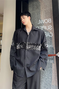 新款洋气亮片装饰长袖衬衫时尚夜店风造型师上衣A452--6289--P85图片