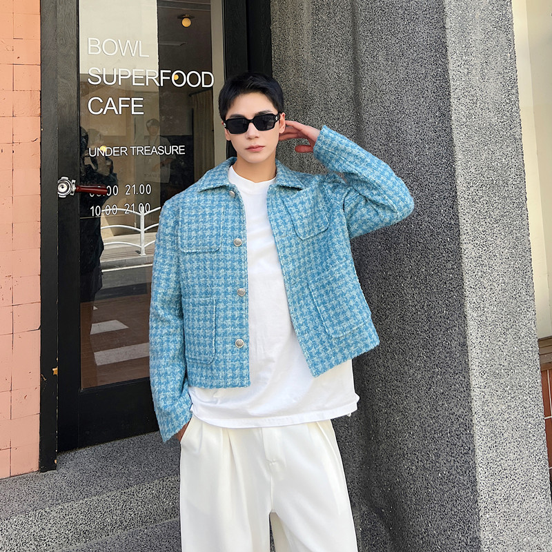 秋冬翻领短款夹克毛呢外套时髦蓝色粗花呢编织上衣A452-H116-P135,男装夹克,电商A452 秋冬翻领短款夹克毛呢外套时髦蓝色粗花呢编织上衣A452-H116-P135,男装夹克,电商A452