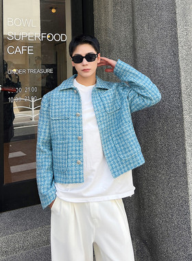 秋冬翻领短款夹克毛呢外套时髦蓝色粗花呢编织上衣A452-H116-P135